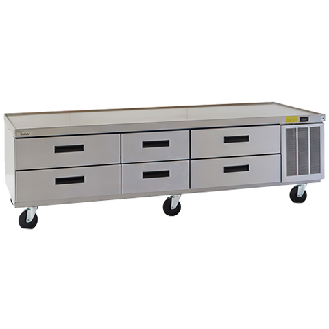 Delfield F2987CP Refrigerated Low-Profile Equipment Stand, 87-1/4" W, three-section, (6) drawers (pans not included), 1/4 hp, cUL, UL, NSF