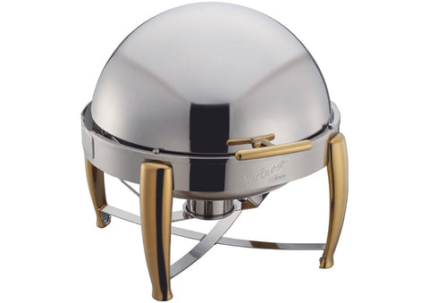 Winco 103A Virtuoso 6 Qt Round Chafer, Roll-Top, Extra Heavyweight, Gold Accent