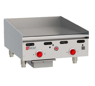 Wolf ASA24 Heavy Duty Griddle, countertop, gas, 24" W x 24" D cooking surface, 1" thick polished steel griddle plate, (2) burners, 54,000 BTU, NSF