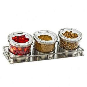 Cal-Mil 1850-4-55HL Condiment Display For (3) 16 Oz. Glass Jars with Hinged Lids, Stainless Steel