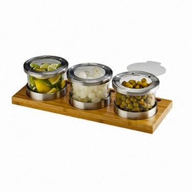 Cal-Mil 1850-4-60HL Mixology Bamboo Three 16 Oz. Jar Horizontal Display with Hinged Lids, Stainless Steel