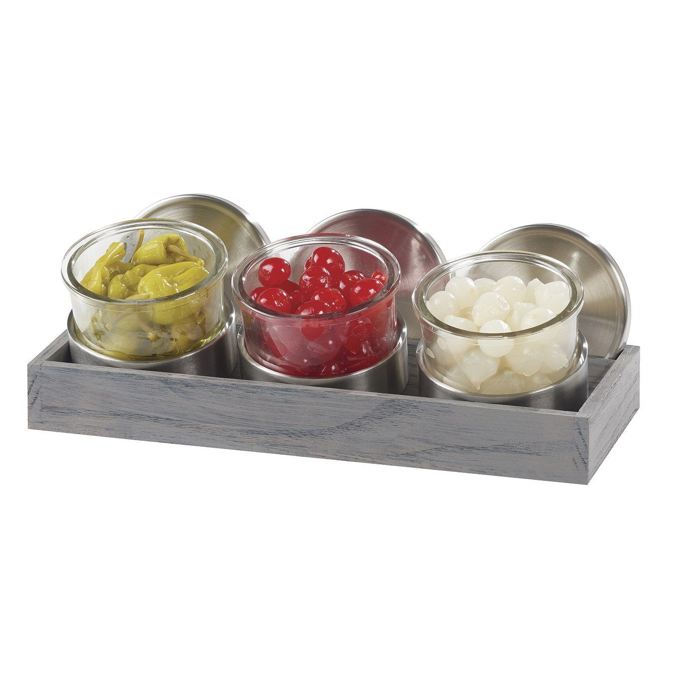 Cal-Mil 1850-4-83 Mixology Ashwood Three 16 Oz. Jar Display with Cooling Bases and Metal Lids, Stainless