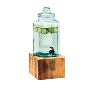 Cal-Mil 3422-2 2 Gallon Industrial Beverage Dispenser with Ice Chamber - Glass with Wood Base