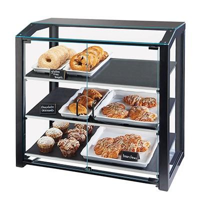 Cal-Mil 3493-13S 3 Tier Pastry Display Case with Hinged Doors - Black Metal Frame, Acrylic