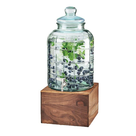 Cal-Mil 3568-2-78 Mid-Century 2 Gallon Glass Beverage Dispenser with Walnut Base and Ice Chamber