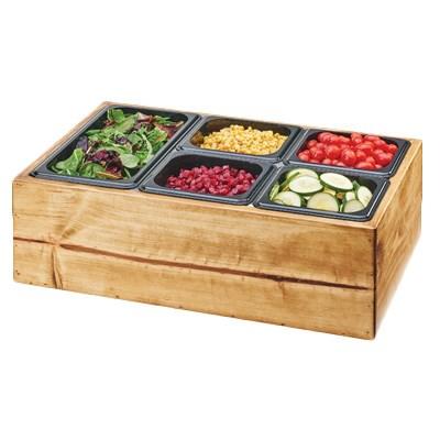 Cal-Mil 3585-99 Madera Salad Station with Clear Ice Liner and 5 Black Pans, Reclaimed Wood