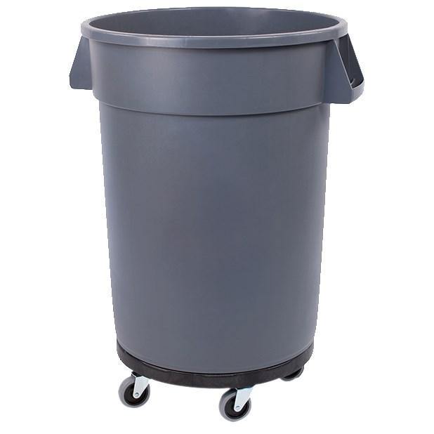 Carlisle 34113223 Bronco 32 Gallon Round Plastic Trash Can with Dolly, Gray
