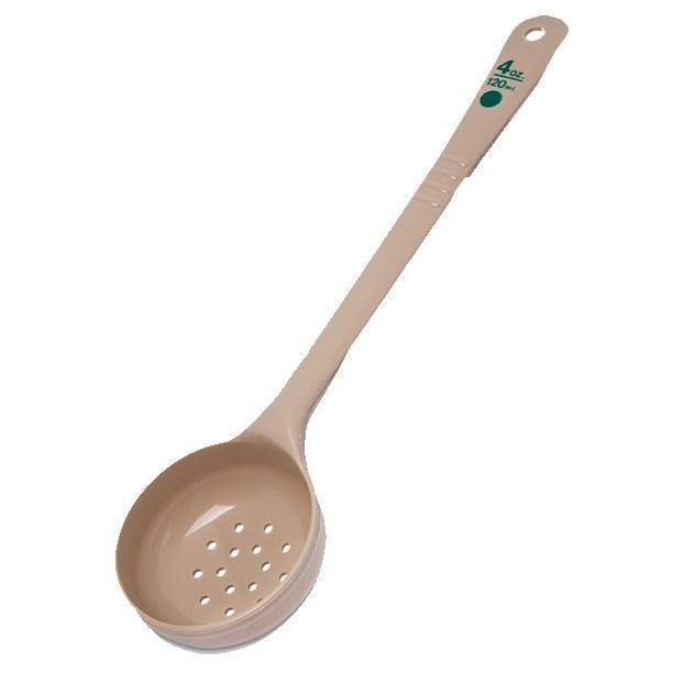Carlisle 438106 Measure Misers 4 Oz. Beige Perforated Long Handle Portion Spoon with Green Color Coding