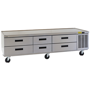 Delfield F2987CP Refrigerated Low-Profile Equipment Stand, 87-1/4" W, three-section, (6) drawers (pans not included), 1/4 hp, cUL, UL, NSF