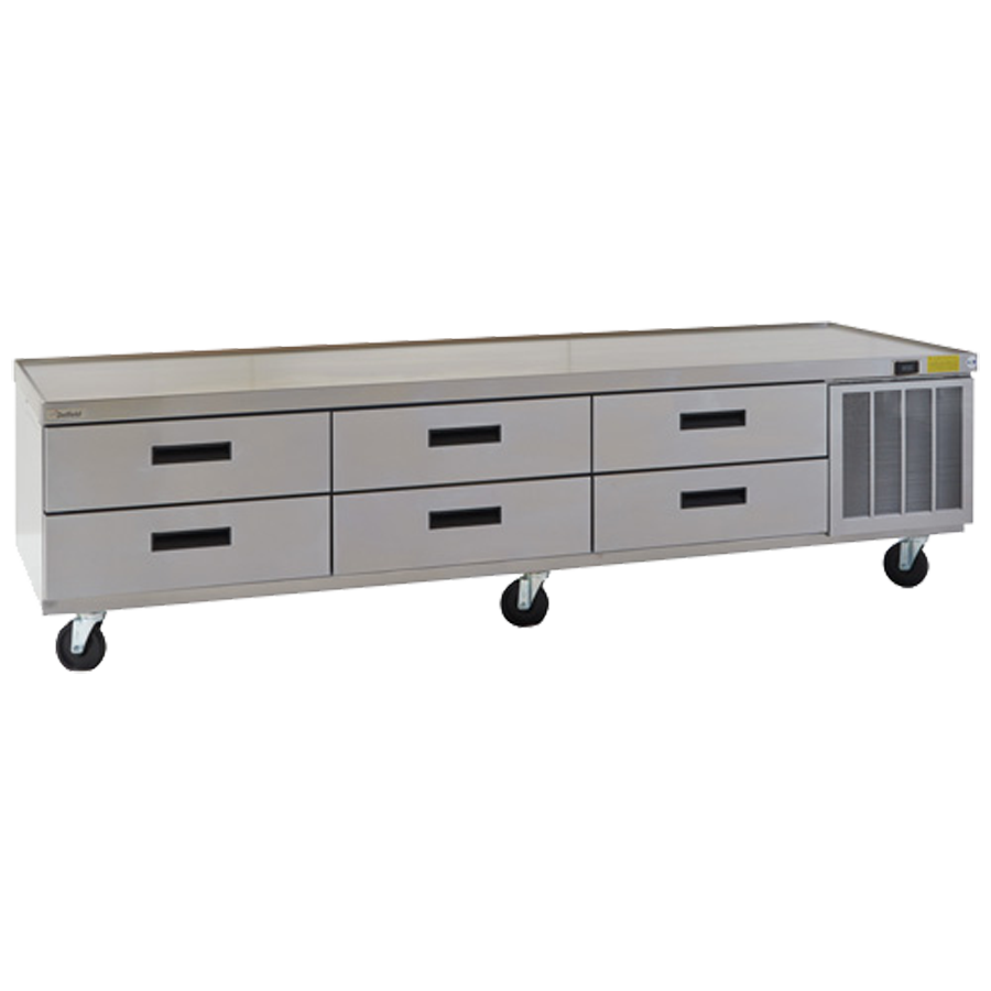 Delfield F2999CP Refrigerated Low-Profile Equipment Stand, 99-1/4" W, three-section, (6) drawers (pans not included), 1/4 hp, cUL, UL, NSF