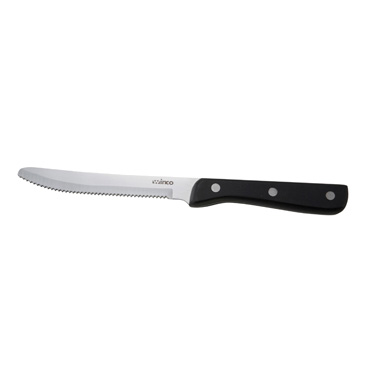 Winco K-80P Jumbo Steak Knife, 5" blade, round tip blade, three rivets, solid POM handle