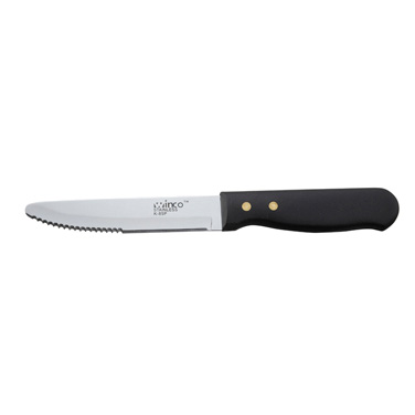Winco K-85P Jumbo Steak Knife, 5" blade, round tip blade, two rivets, solid POM handle, NSF
