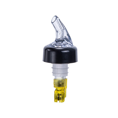 Winco PPA-150 Measuring Pourer, 1-1/2 oz., with black collar, clear spout, plastic with stainless steel ball bearings inside, yellow tail
