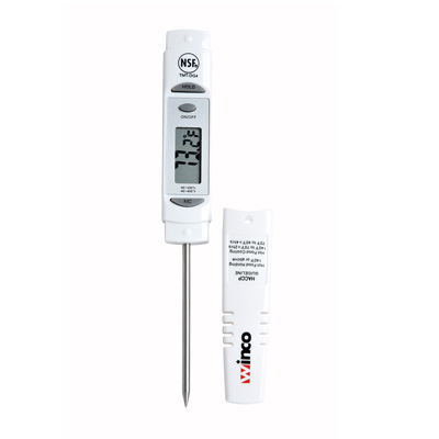 Winco TMT-DG4 Pocket Thermometer, digital, temperature range -40 to 450°F (-40 to 230°C), 1-1/4" LCD face, 3-1/8" probe, hold function, built in clip, protection sheath, HACCP, NSF