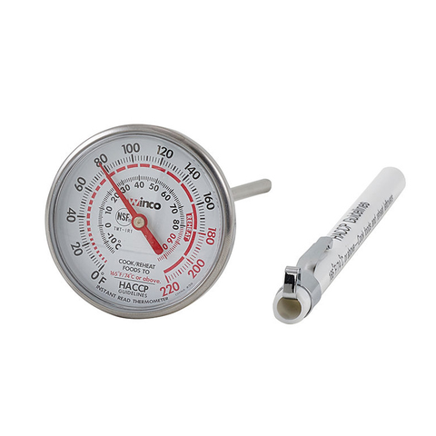 Winco TMT-IR1 Pocket Instant Read Thermometer, temperature range 0° to 220° F, 1-3/4" dia. dial face, with case & clip, 5" probe, HACCP, NSF