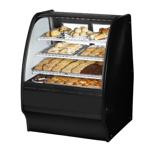 Non-Refrigerated Merchandiser Dry 36-1/4"L, Curved Glass, with 6 Shelves Total, 115v