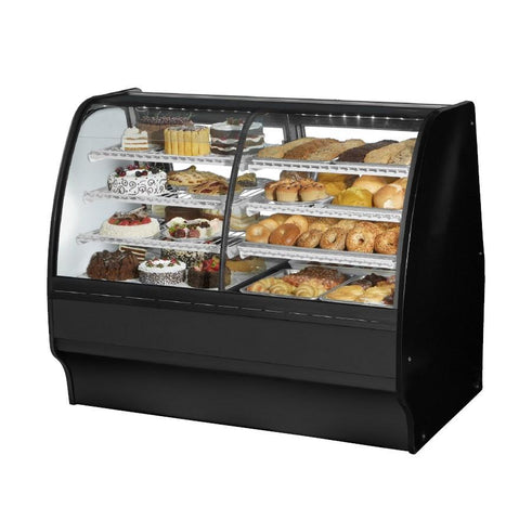 Glass Merchandiser, Dual Zone Dry/Refrigerated, 59-1/4"L, Curved Glass with 6 Shelves Total, 115v