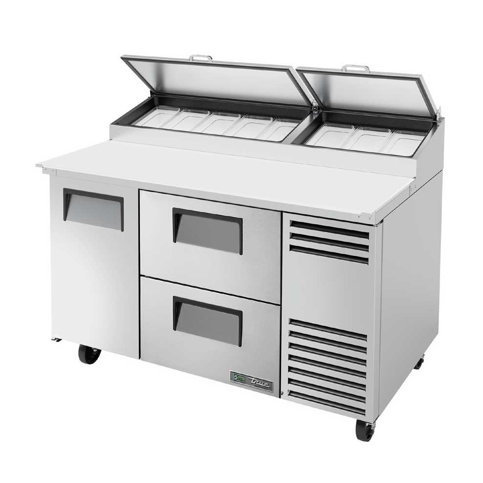Pizza Prep, 33-41°F Pan Rail, Stainless Steel Cover, Cutting Board, 1 Full Doors, 2 Drawers
