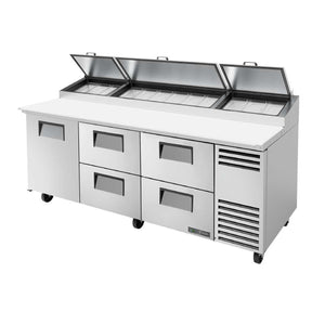 Pizza Prep, 33-41°F Pan Rail, Stainless Steel Cover, Cutting Board, 1 Door, 4 Drawers