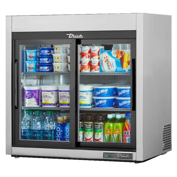 True TSD-09G-HC-LD 36" Countertop Refrigerator with Front Access - Sliding Doors, Stainless, 115v