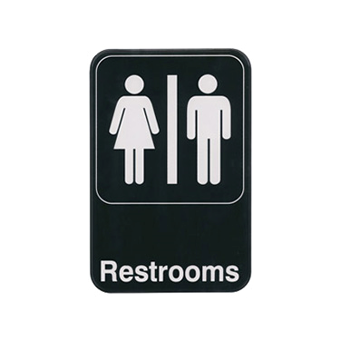 Winco SGN-603 Information Sign, with symbol, 6" x 9", "Restrooms", white imprint on black