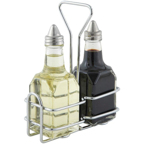Winco G-104S Two 6 Oz Square Bottle Set With Lids & Chrome-Plated Rack
