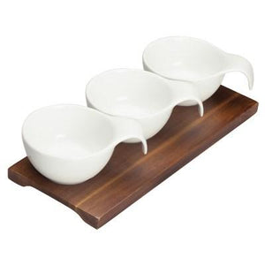Winco WDP015-102 Newry 9-3/8" X 4" Porcelain Trio Bowl Set With Wooden Plate, Bright White