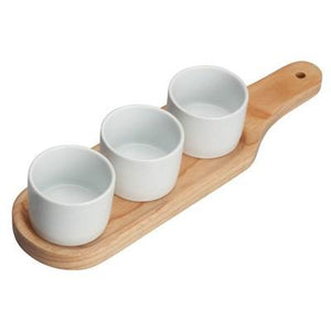 Winco WDP015-103 Newry Porcelain Trio Bowl Set With Wooden Plate, Bright White, 11"5/8"