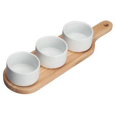 Winco WDP015-104 Newry Porcelain Trio Bowl Set With Wooden Plate, Bright White, 15-1/4"